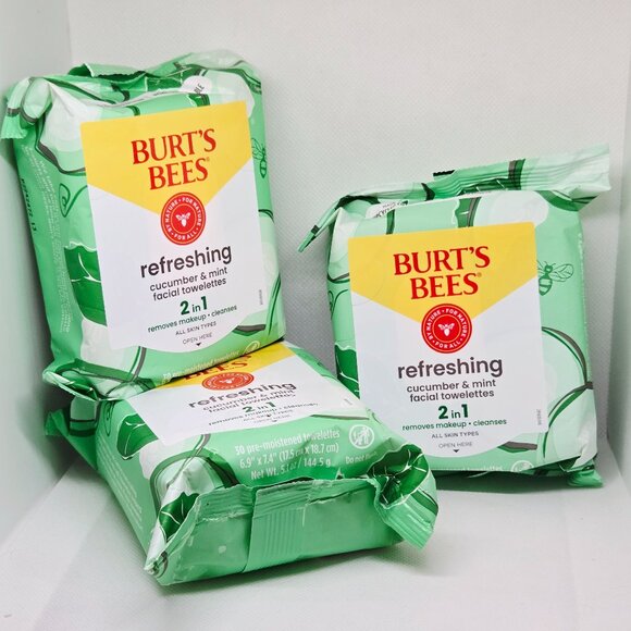 NEW (3) BURT'S BEES REFRESHING CUCUMBER & MINT FACIAL TOWELETTES 30 EA /90 TOTAL - Picture 1 of 4